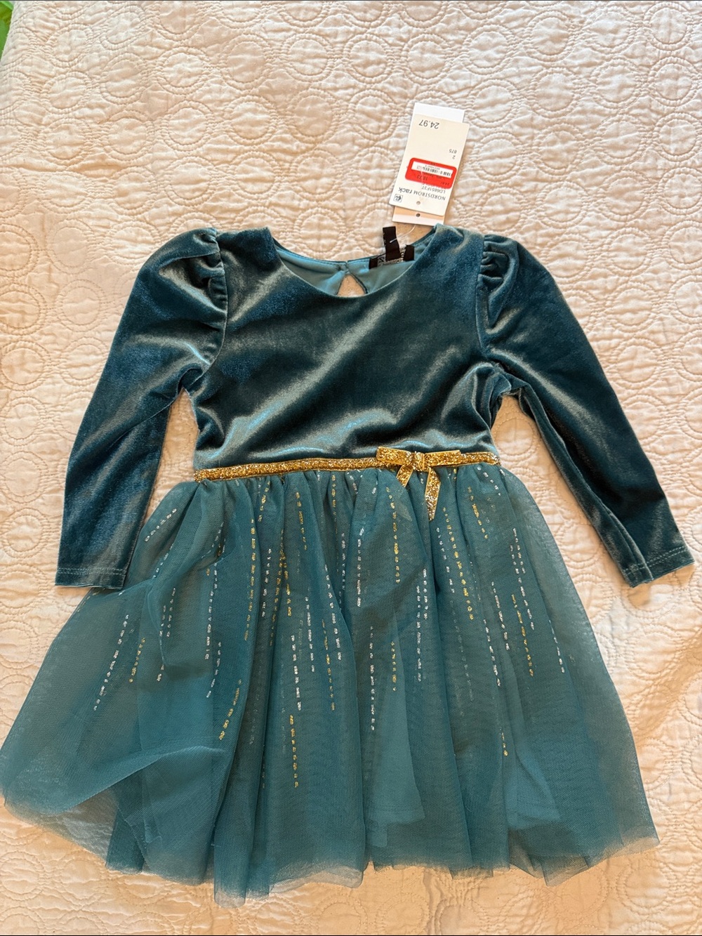 Zunie Teal Velvet & Gold Accented Tulle Dress
